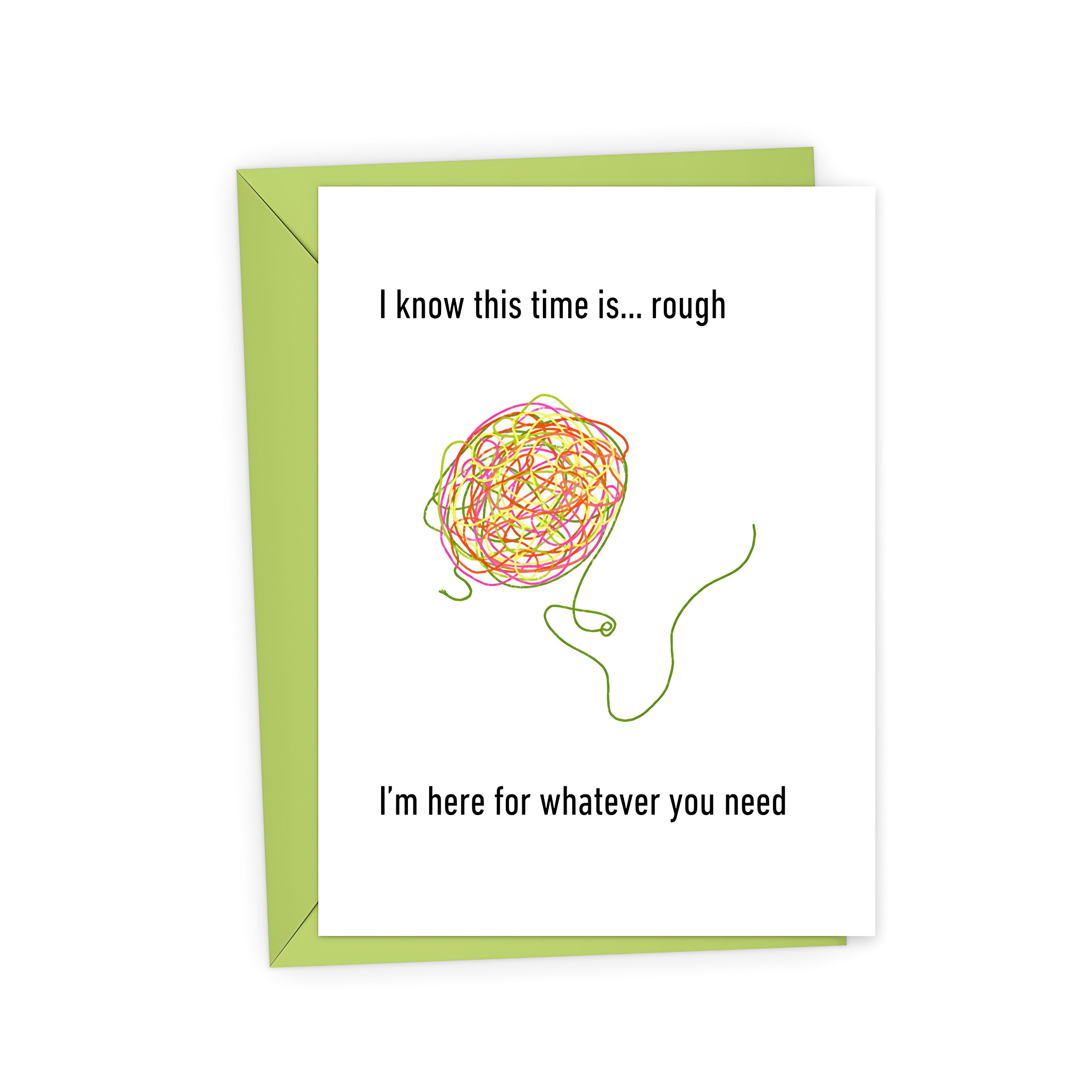 Card with a message of support and a colorful ball of yarn illustration on a white background.