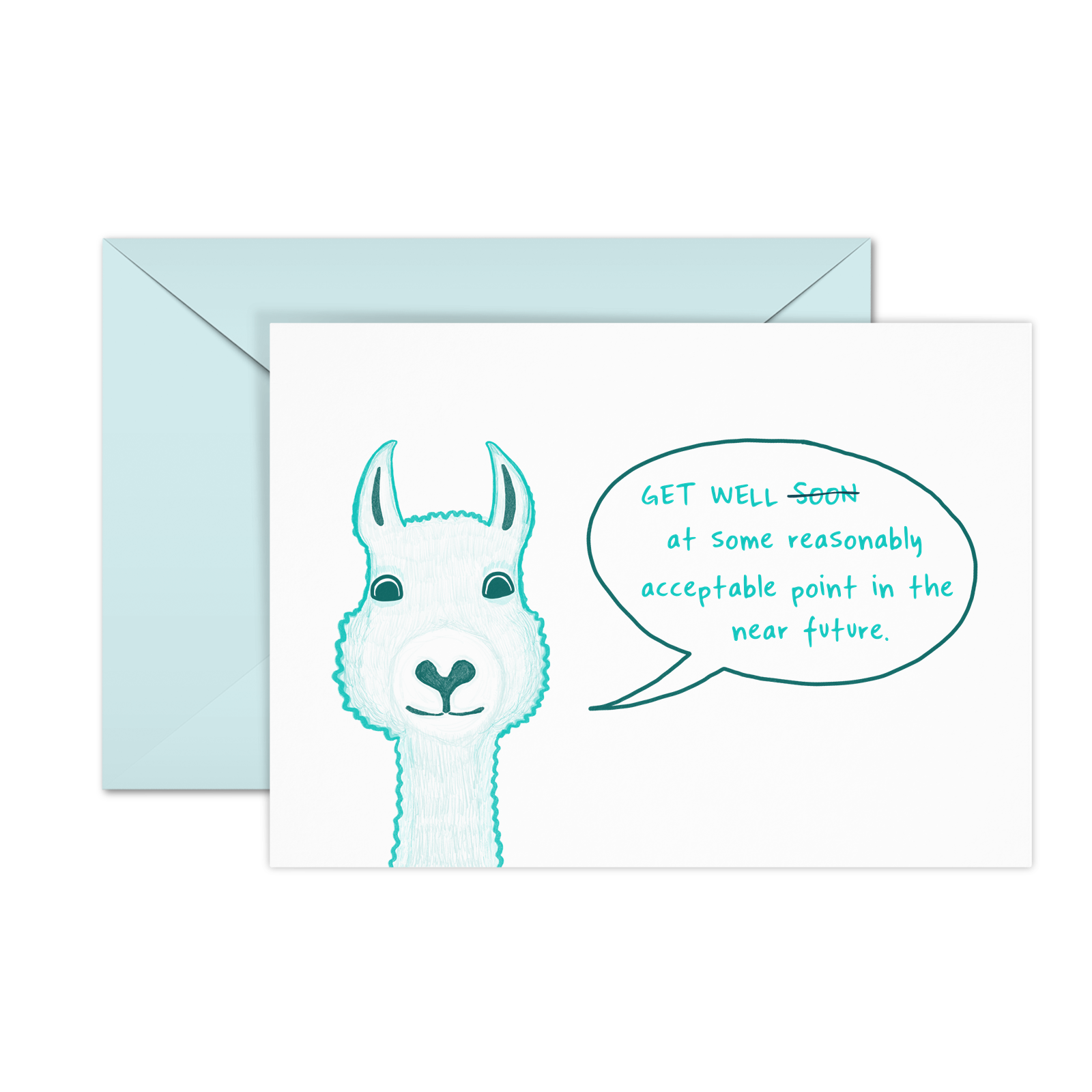 This get well card shows an illustration of a llama with a funny message about the future inside a speech bubble.