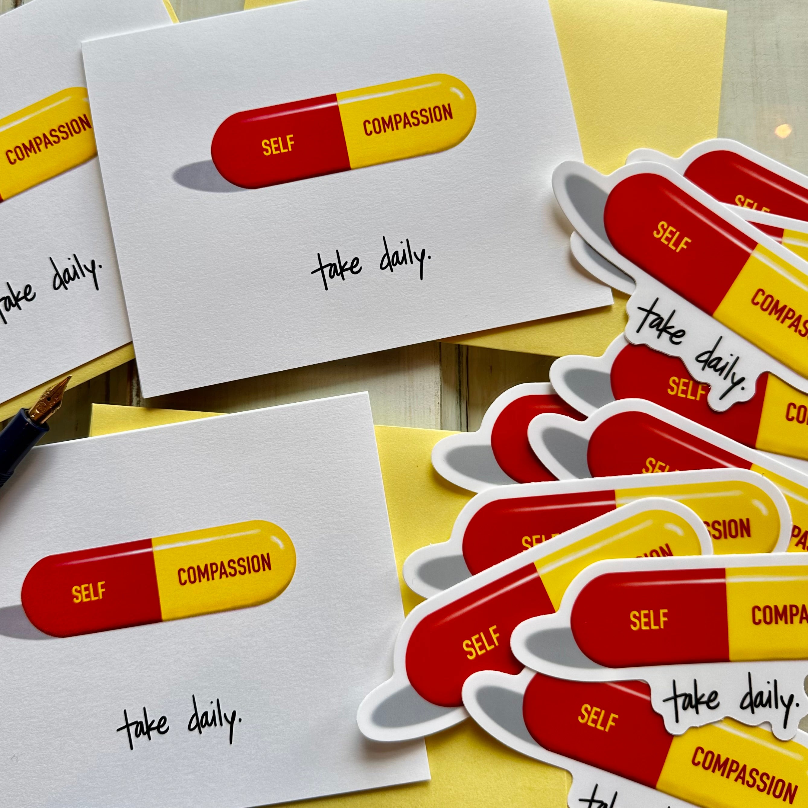 encouragement cards and self care vinyl stickers with a red and yellow &