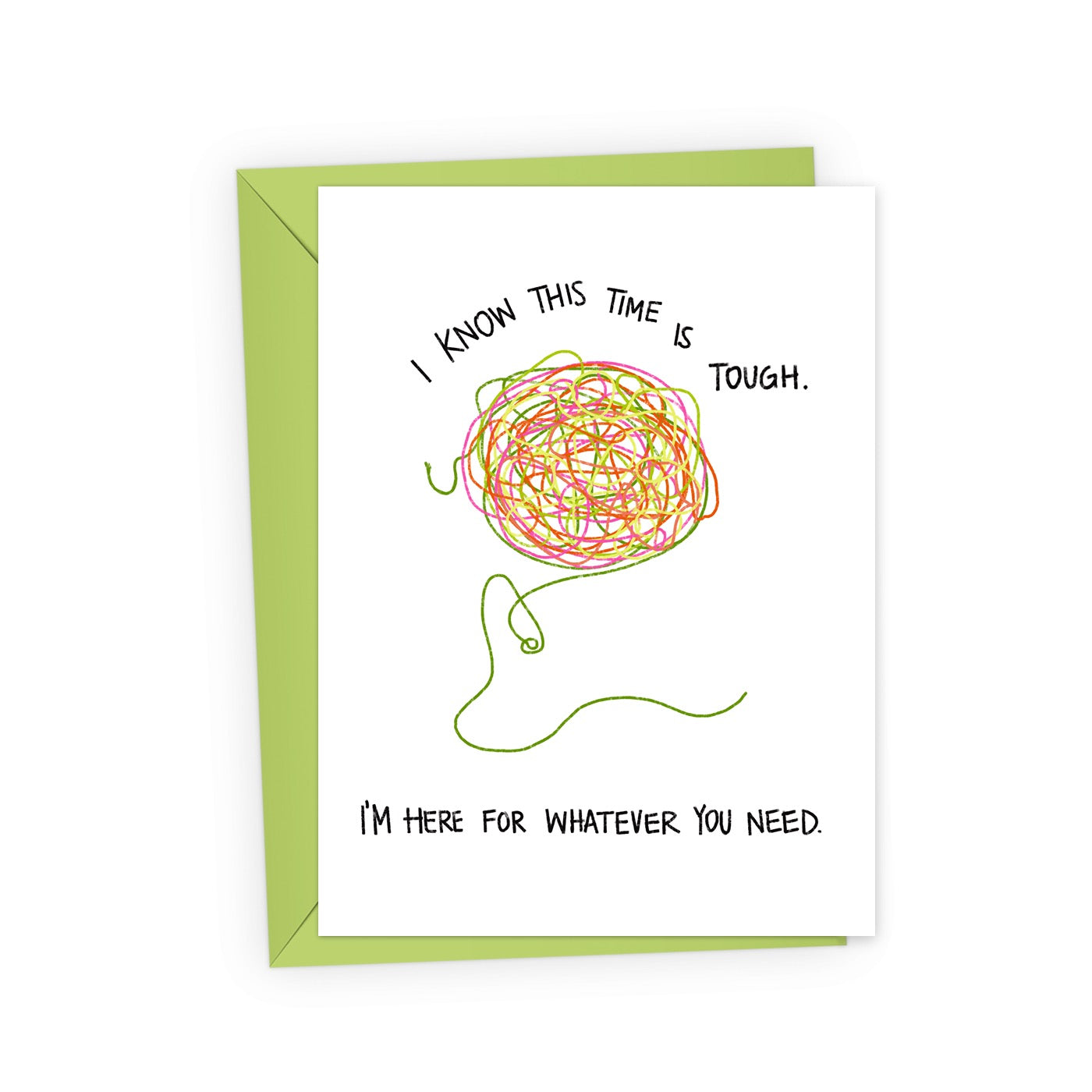 A supportive greeting card on white cardstock with a brightly colored tangle knot and text reading, "I know this time is tough. I&