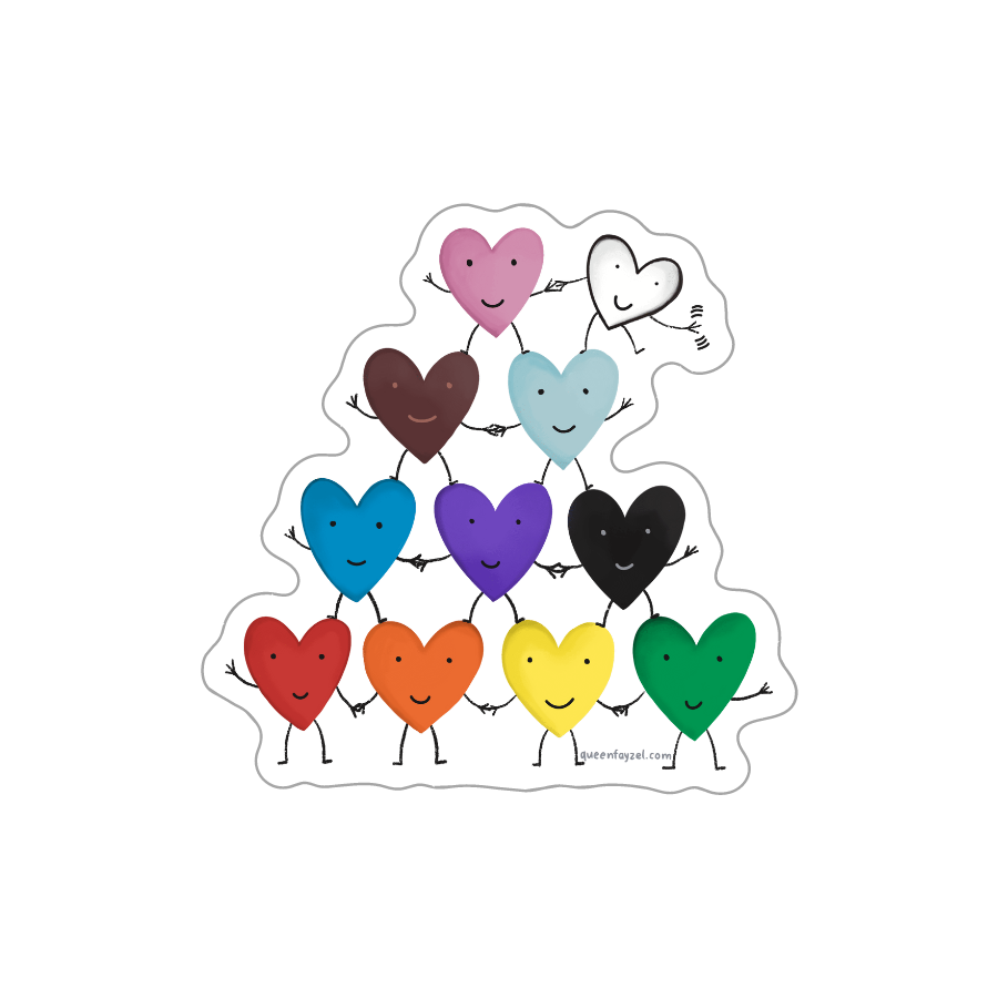 Vinyl sticker with a rainbow pyramid of waving hearts