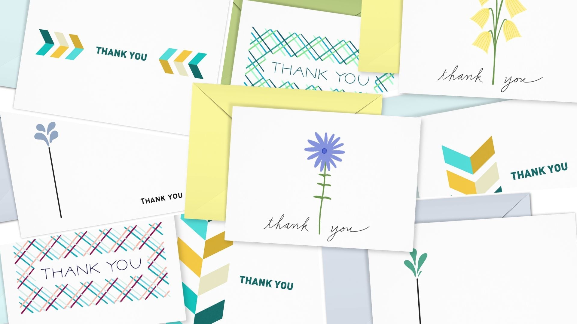 collage of thank you cards with floral, chevron, and plaid designs.