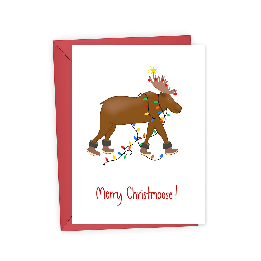 Christmas card with a moose decorated with lights and &