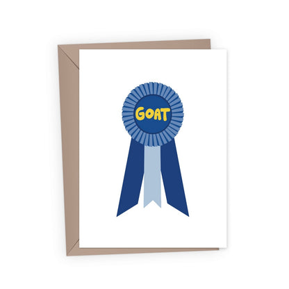 A white congratulations greeting card with a blue prize ribbon featuring the word &