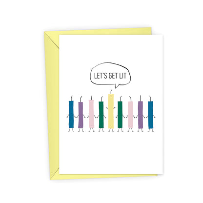 Hanukkah card with colorful candles and the middle candle saying, &quot;Let&