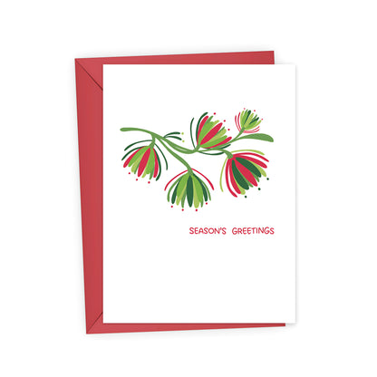 Greeting card with red and green floral design and &