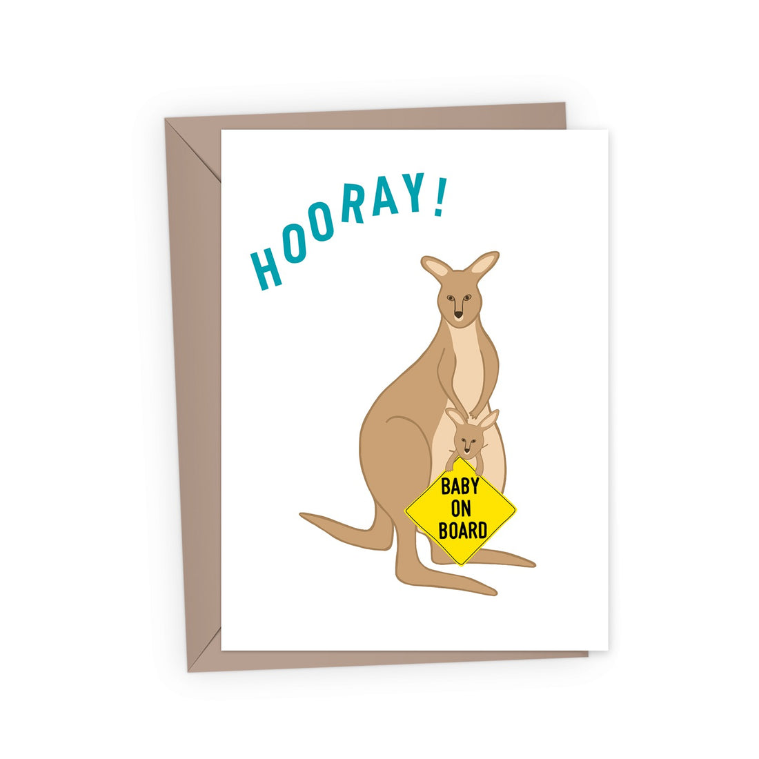 Cute baby shower card featuring a smiling kangaroo with joey in pouch holding a yellow "Baby on Board" sign, "HOORAY!" in teal above.
