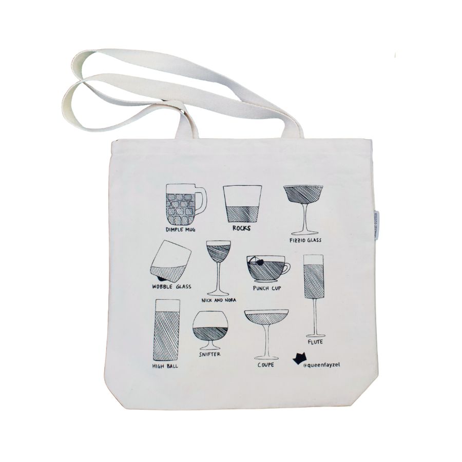 canvas tote bag with line drawings of different drink glasses, against a white background