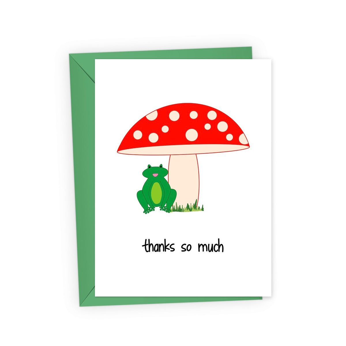 A white greeting card with a green envelope behind it, featuring a cartoon red-and-white mushroom, a green frog, and the text &