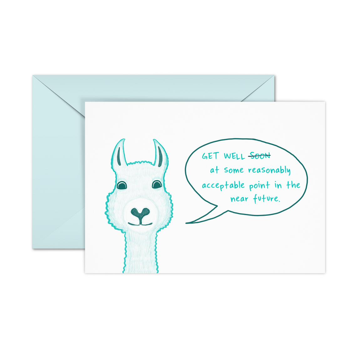 This get well card shows an illustration of a llama with a funny message about the future inside a speech bubble.