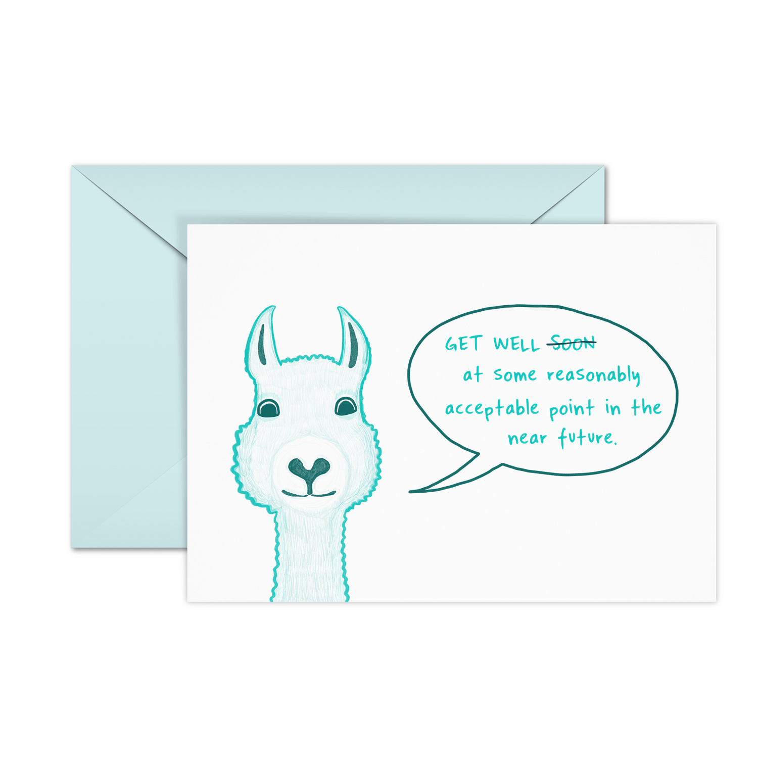 This get well card shows an illustration of a llama with a funny message about the future inside a speech bubble.