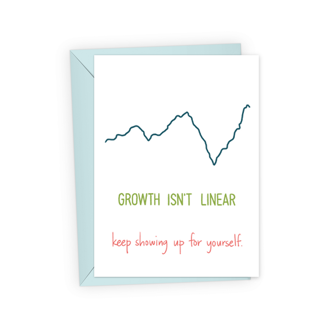white encouragement card against a white background. the card has a varied graph line and text reading "growth isn&