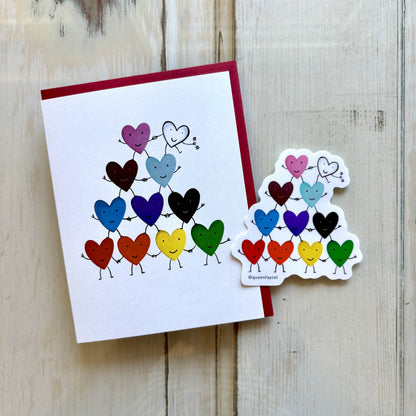 A greeting card and a sticker showing a cute pyramid of rainbow-colored hearts holding hands.