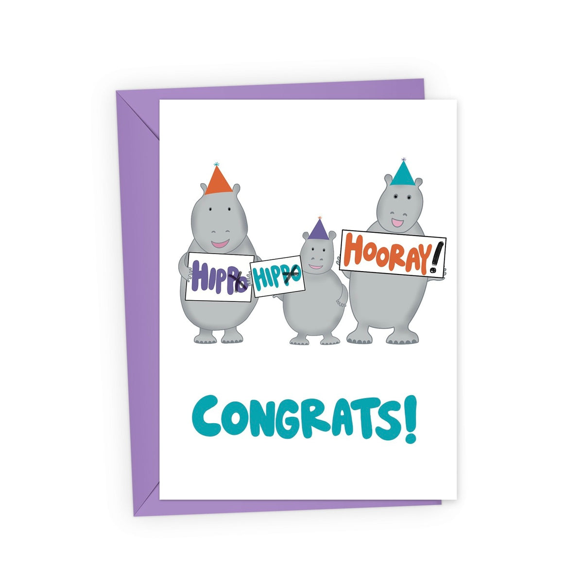 A white greeting card with a purple envelope behind it, featuring three cartoon hippos wearing party hats and holding signs that say &