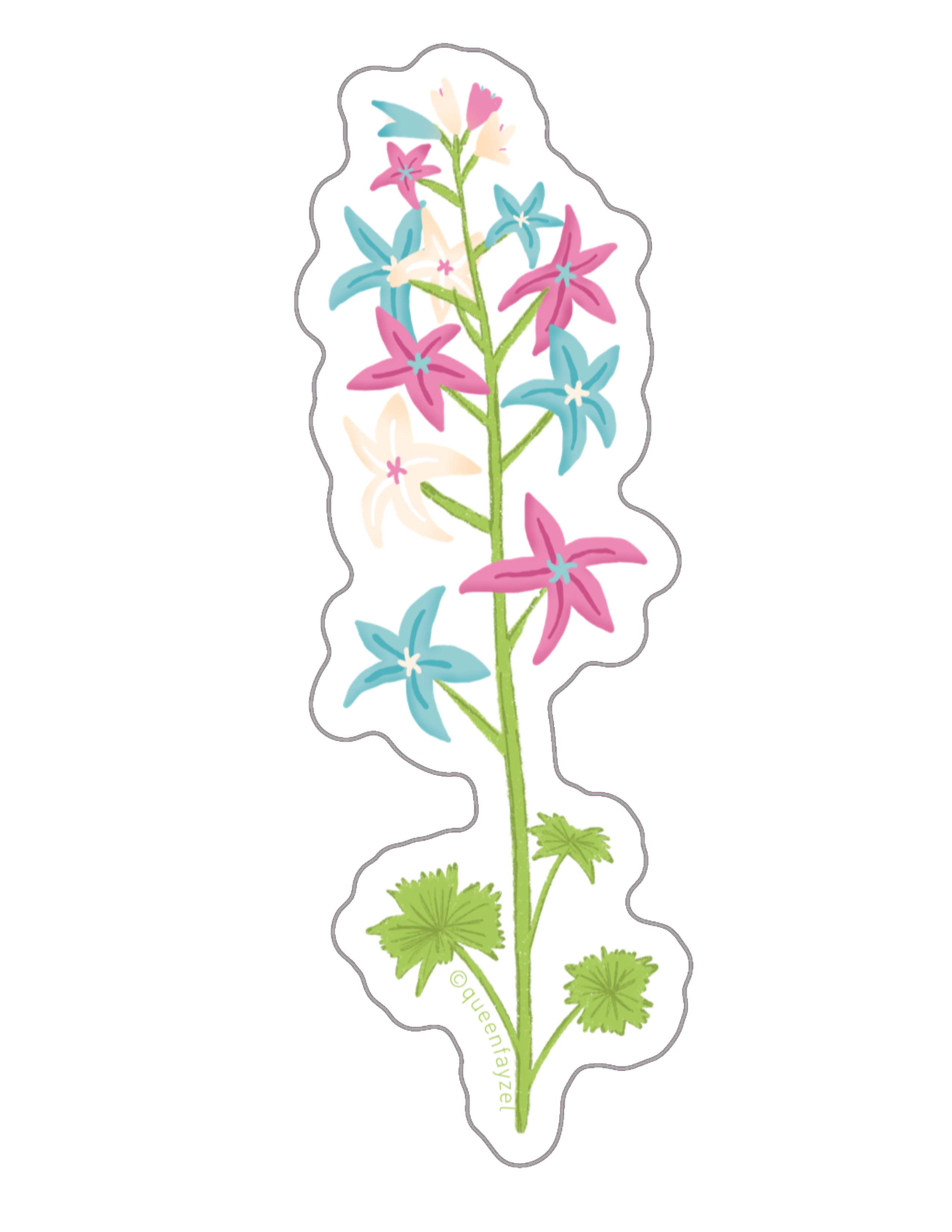 Floral sticker designed with the blue, pink, and white of the trans pride flag