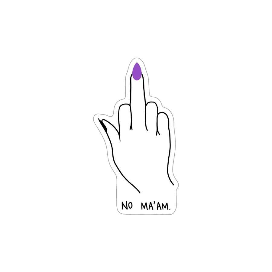 Vinyl middle finger sticker with words, "No ma&