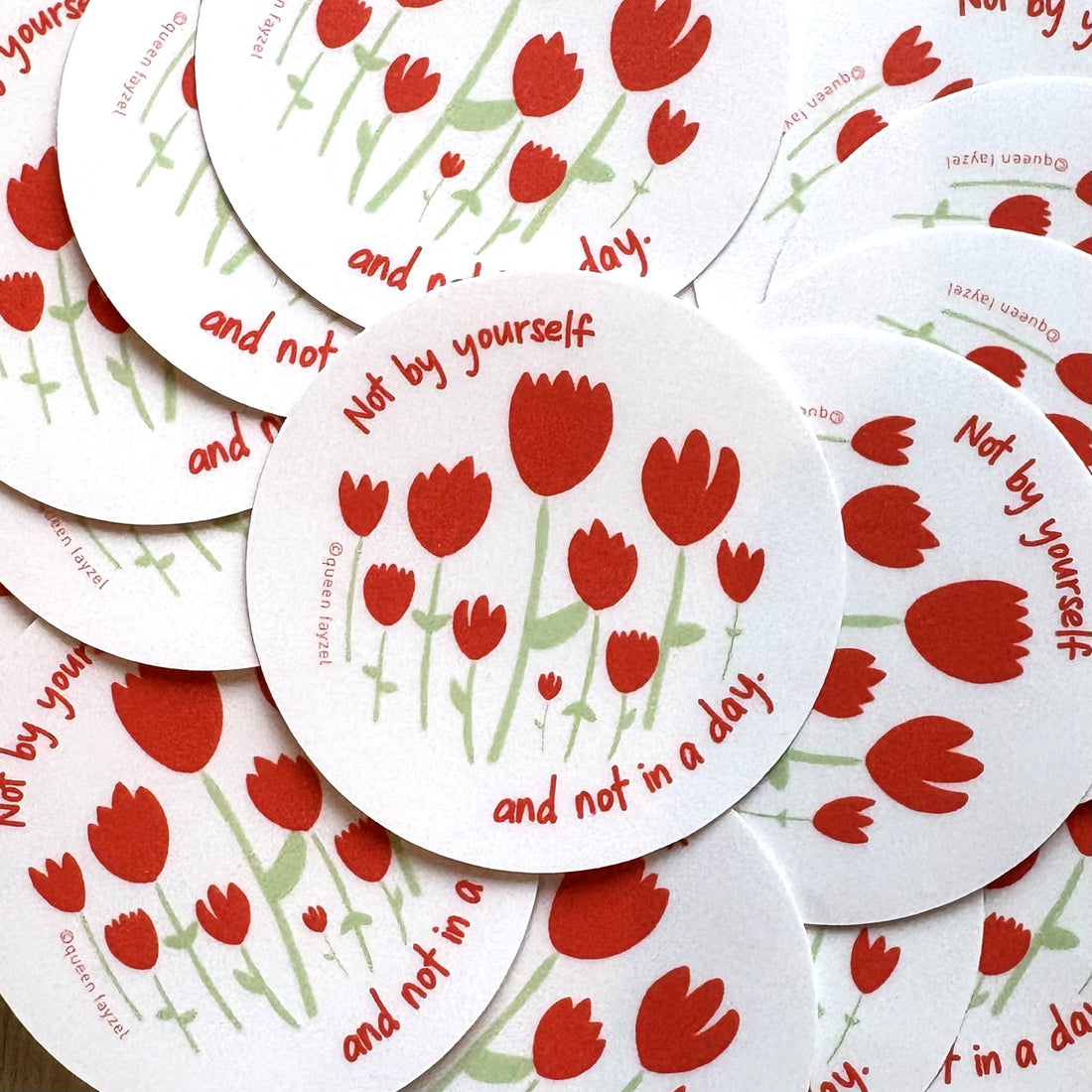 Stickers with red tulips and text &