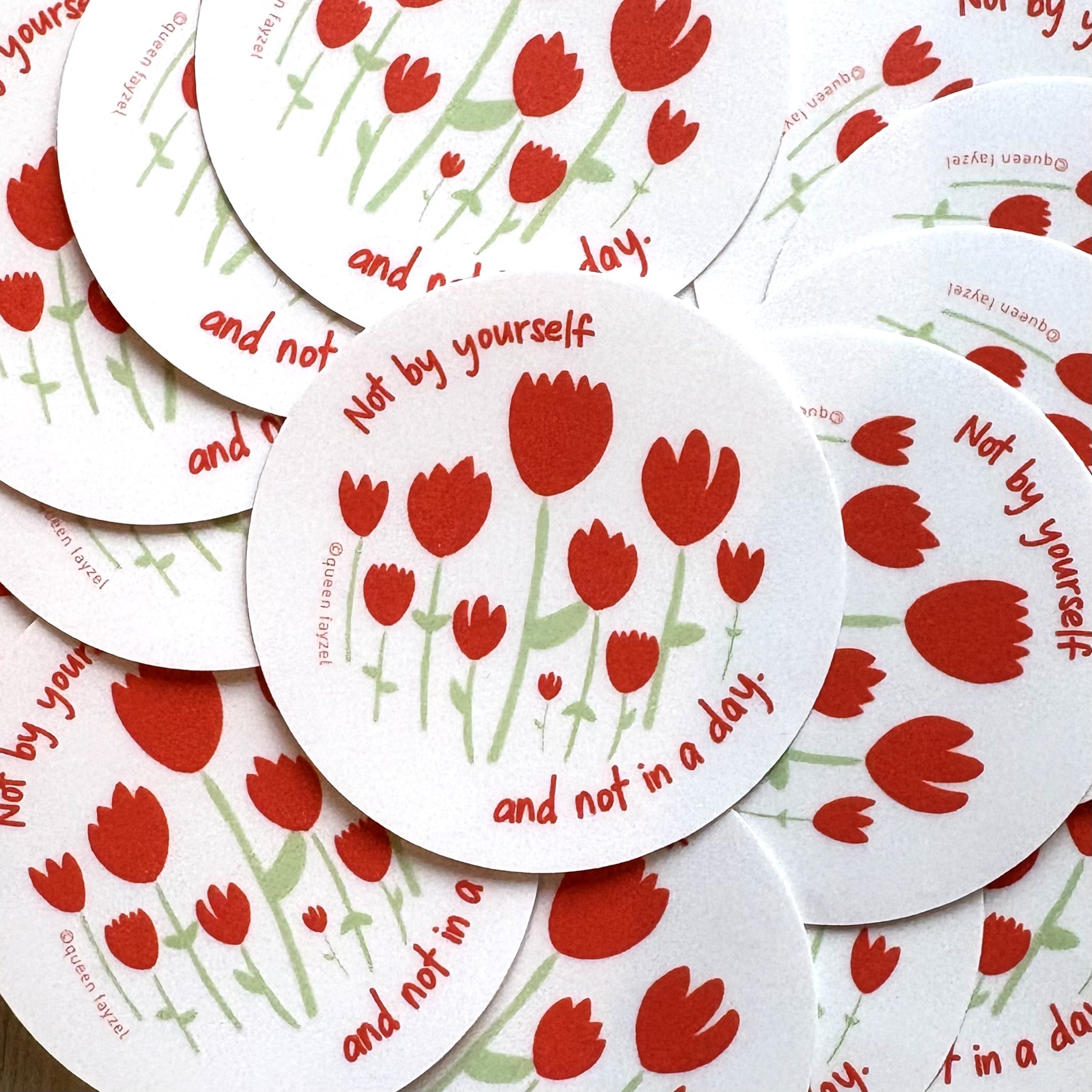 Stickers with red tulips and text &