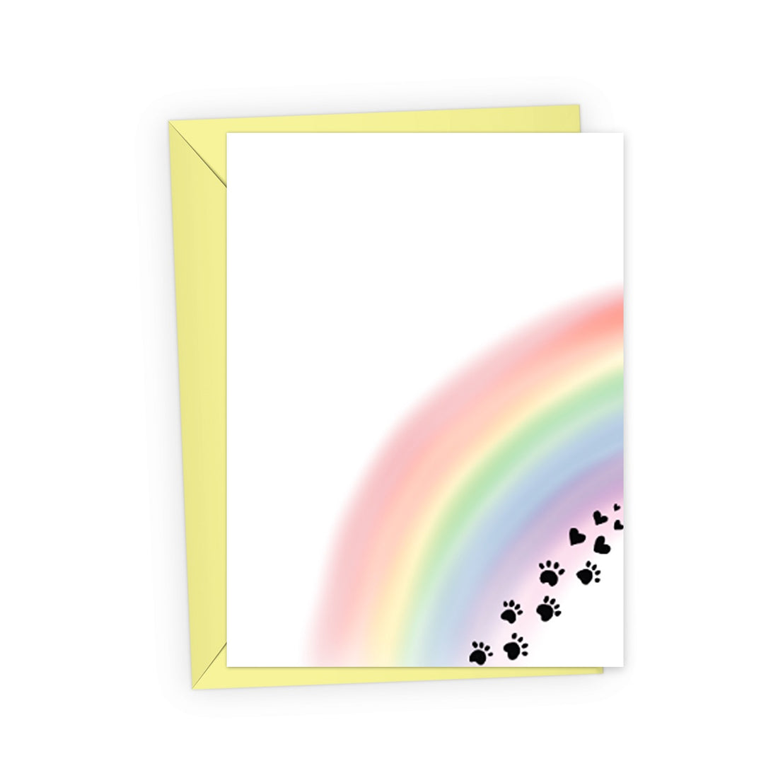 This pet loss sympathy card features a soft watercolor rainbow with paw prints that transition into black hearts. Paired with a yellow envelope.