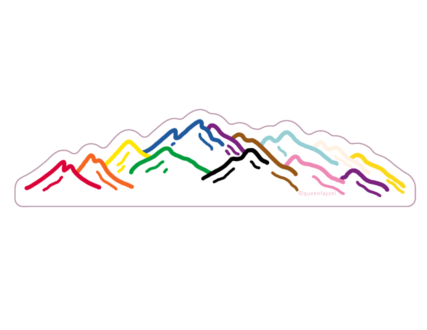 Colorful pride sticker showing a rainbow mountain range against a white background