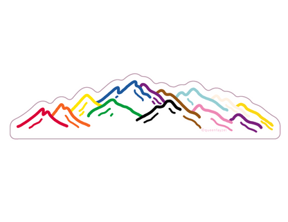 Colorful pride sticker showing a rainbow mountain range against a white background