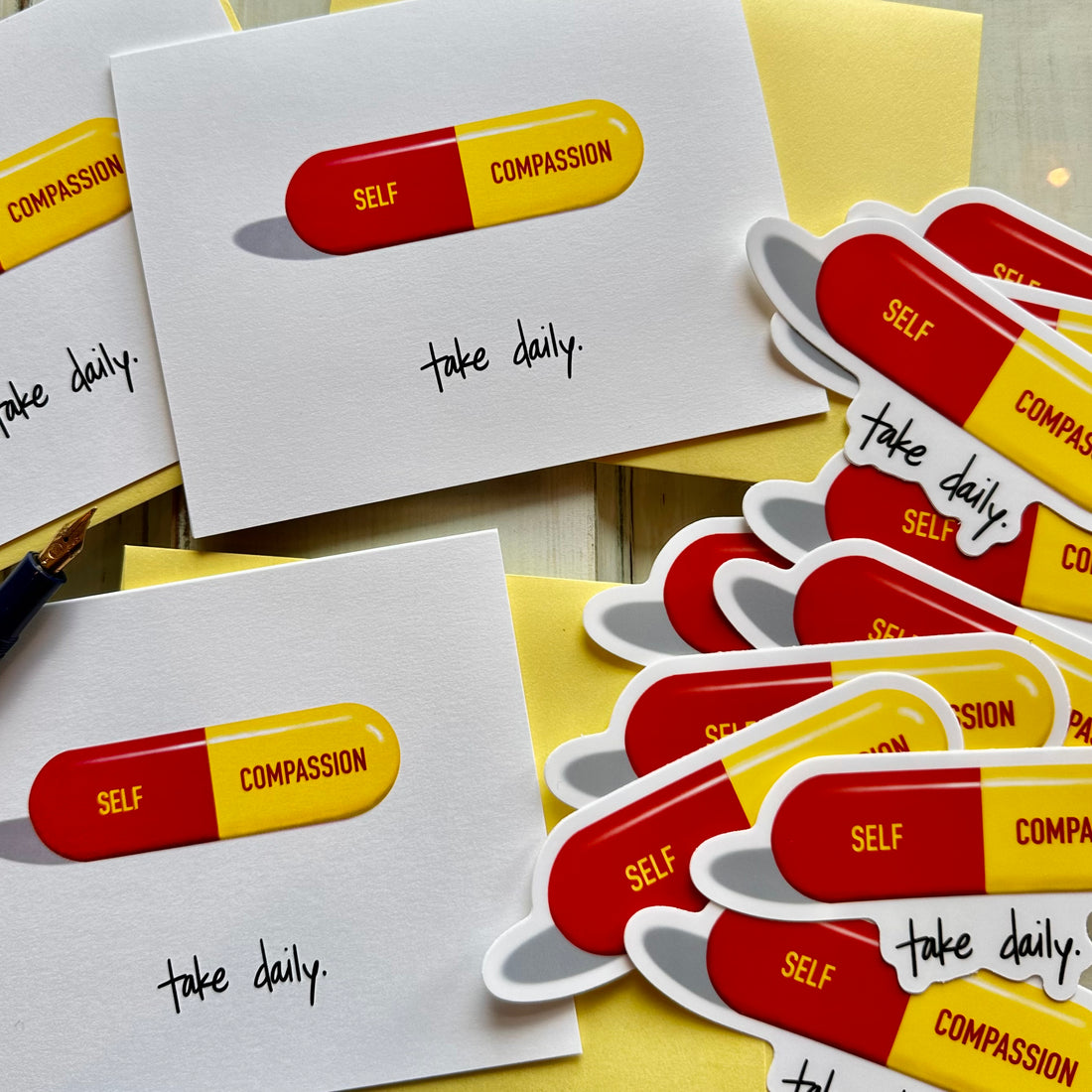 encouragement cards and self care vinyl stickers with a red and yellow &