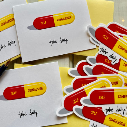 encouragement cards and self care vinyl stickers with a red and yellow &