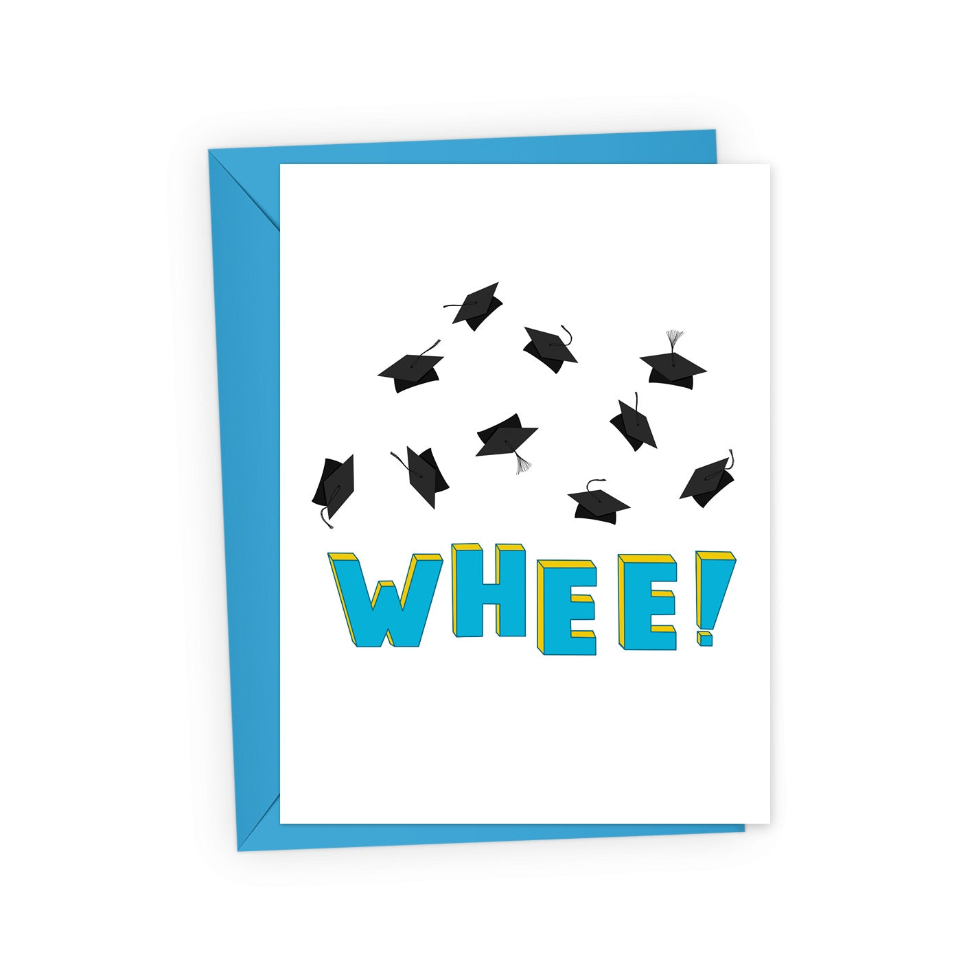 Funny graduation card featuring scattered graduation caps in flight and playful "WHEE!" lettering in vibrant blue.