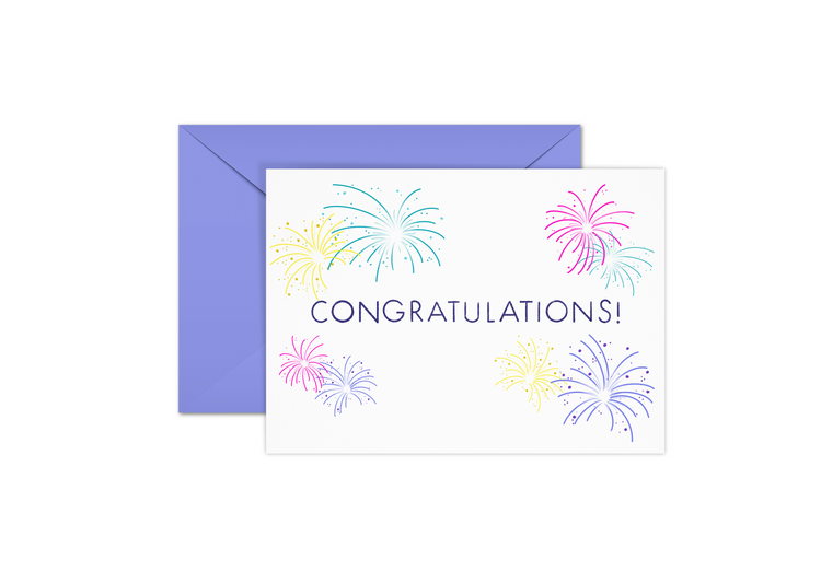 Greeting card with fireworks in yellow, pink, purple, and teal, and the word "Congratulations!" in round purple lettering.