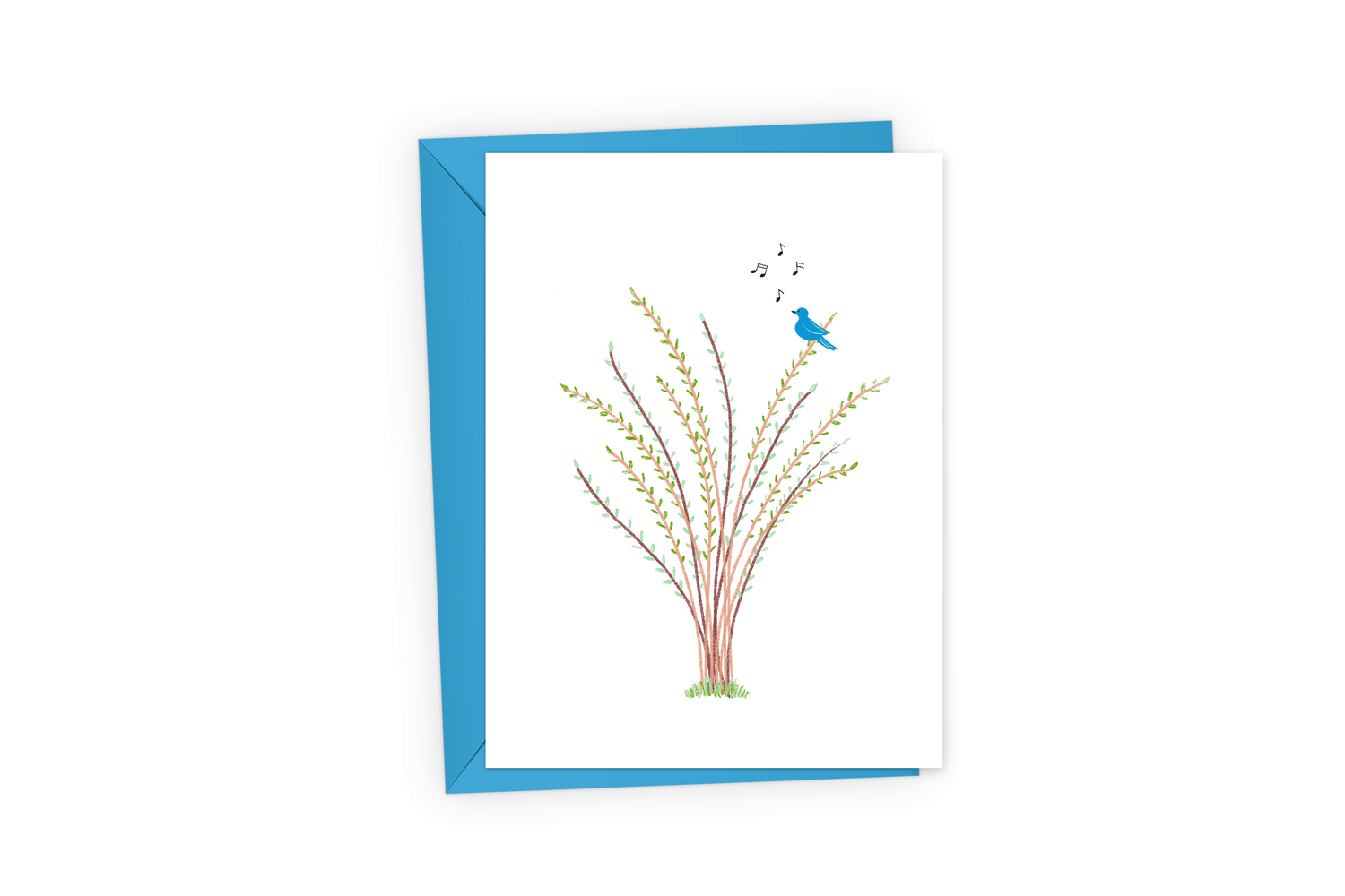 Greeting card with small bluebird and tiny musical notes.