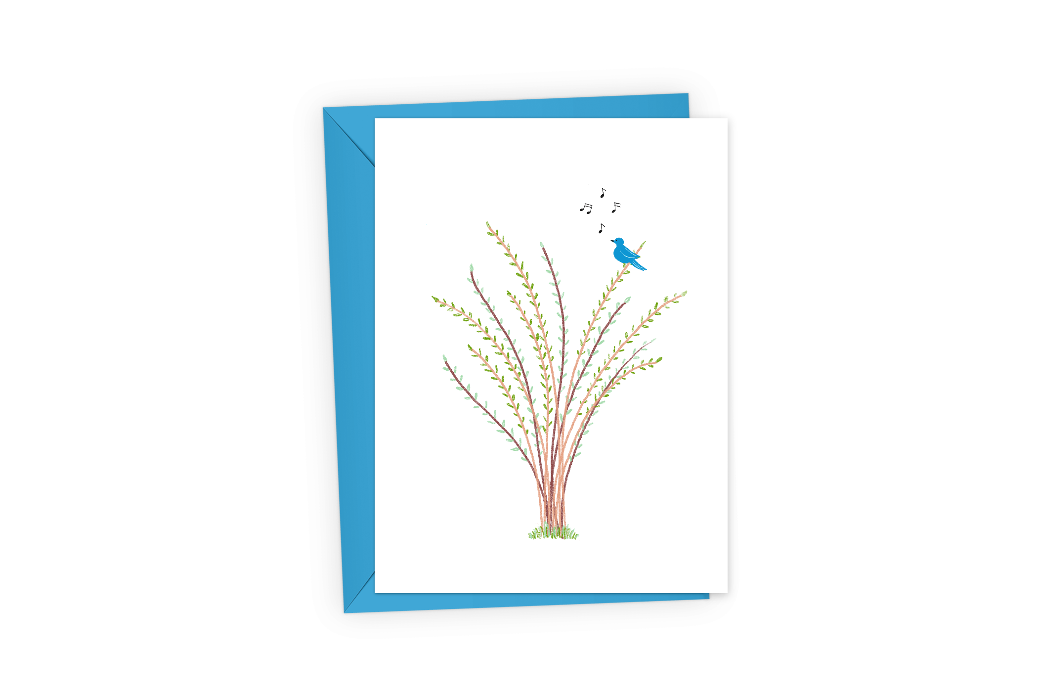 Greeting card with small bluebird and tiny musical notes.