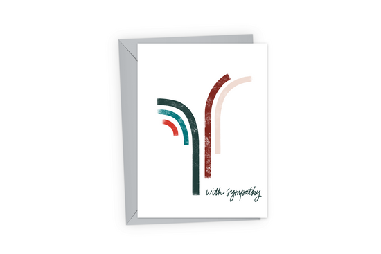 Card with arcing design in muted colors and the words, "With sympathy"