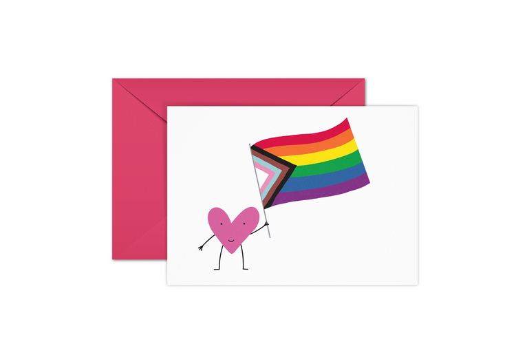 Greeting card with a design showing a smiling heart holding the pride flag.