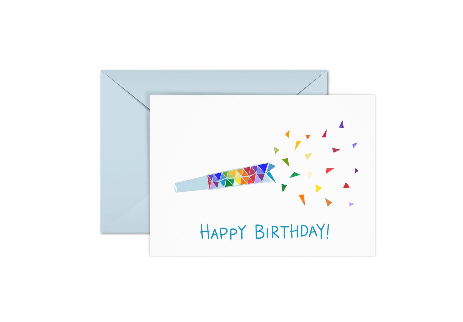 Birthday card with rainbow noisemaker and blue text that reads, "Happy Birthday!"