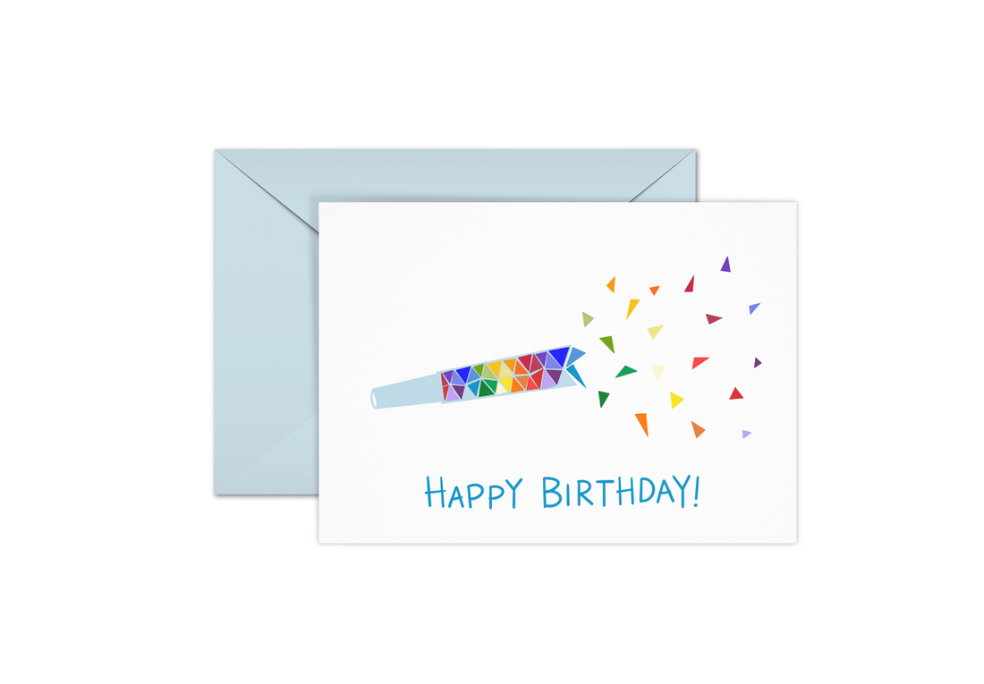 Birthday card with rainbow noisemaker and blue text that reads, &quot;Happy Birthday!&quot;