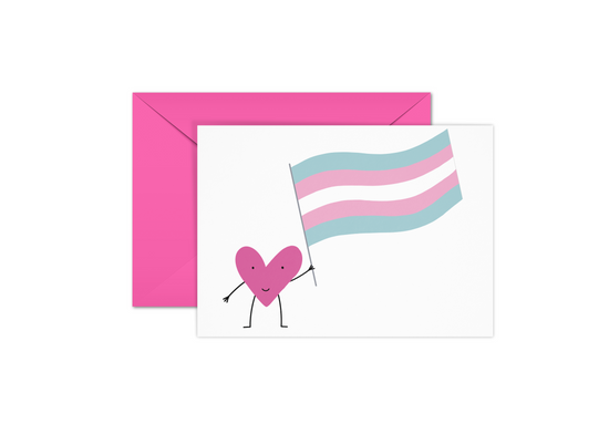 Greeting card showing a smiling heart holding the transgender pride flag.