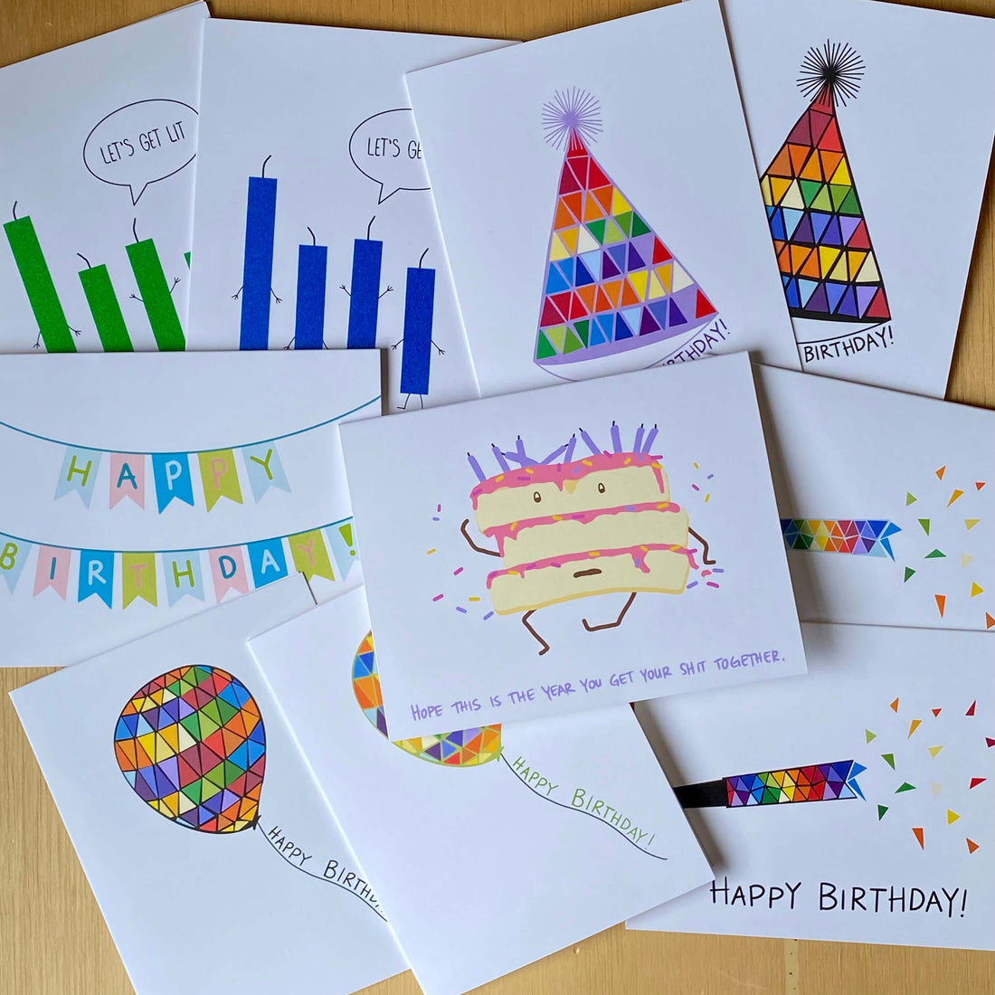 Collection of ten colorful birthday cards