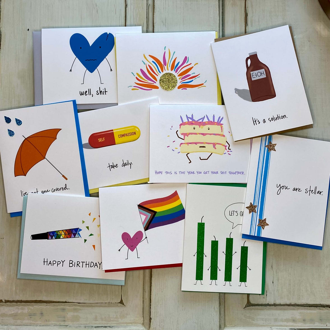 Collection of ten greeting cards, for birthday, thank you, congratulations, and any occasion.