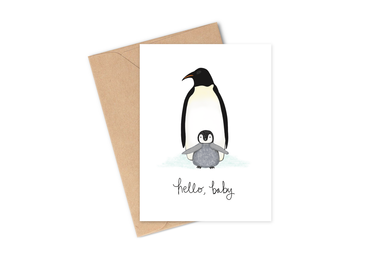 New baby card with a fuzzy baby penguin sitting on its parent&