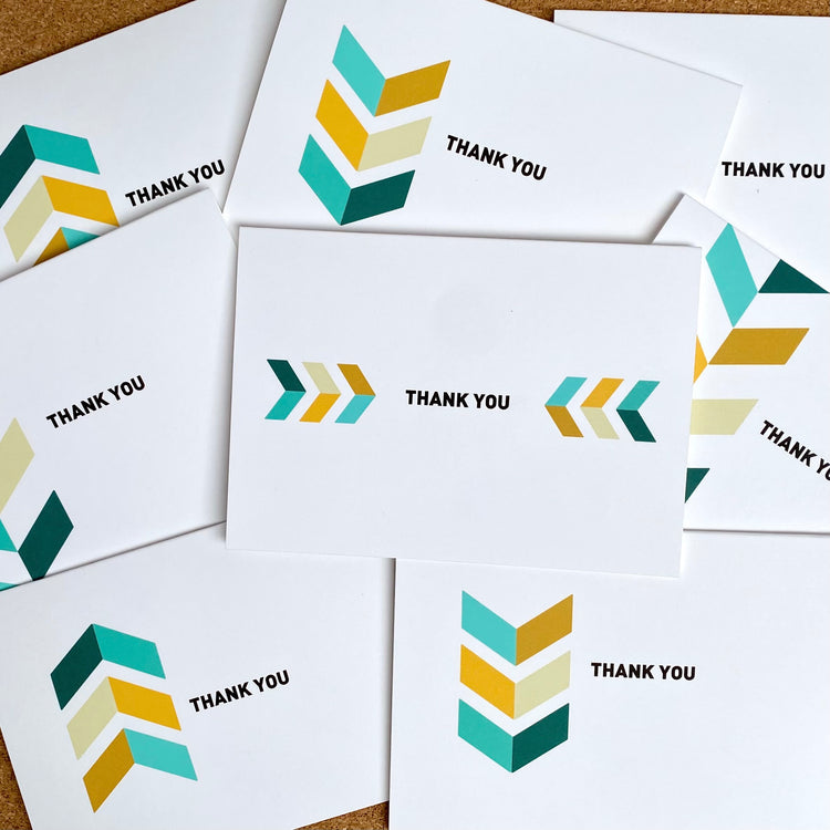 Collage of thank you cards with different chevron pattern designs in teal, light blue, and mustard