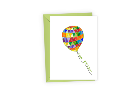 Birthday card with a rainbow balloon and the words, "Happy Birthday!" in green text, with a bright green envelope.