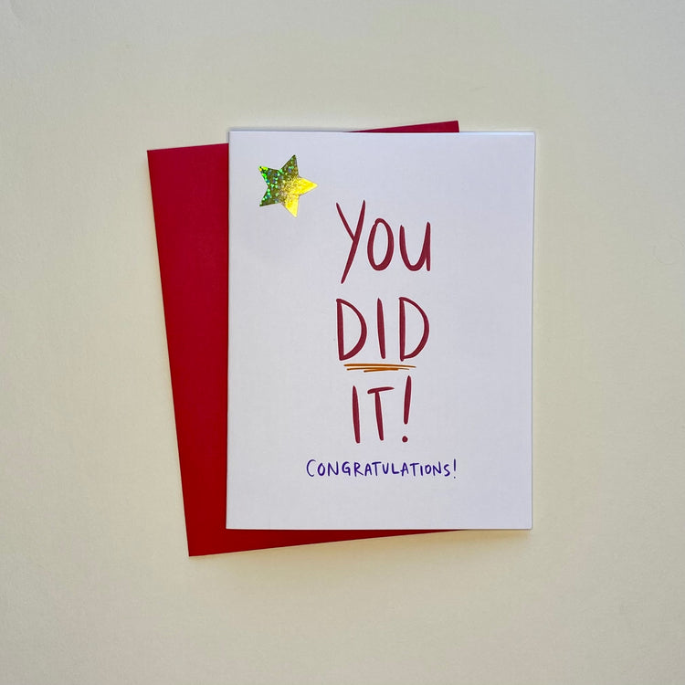 Congratulations greeting card with a gold star and the text, "You did it!"