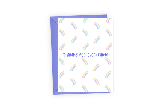Thank you card with rainbow pattern and purple bubble text saying, "Thanks for everything."