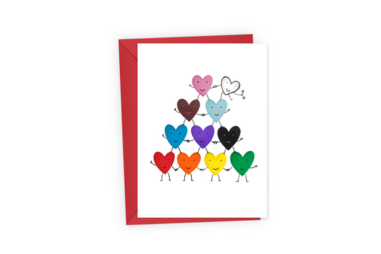 Greeting card with a pyramid of rainbow hearts, good for Pride or Valentine&