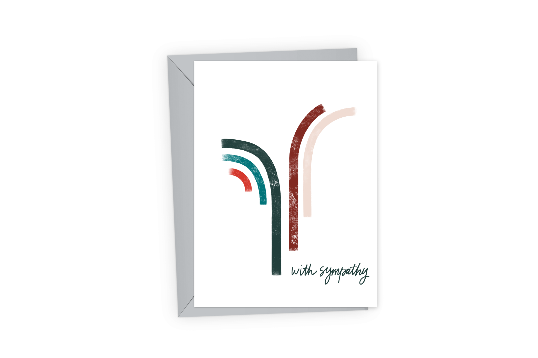 Card with gray envelope, with arcing design in muted colors and the words, "With sympathy"