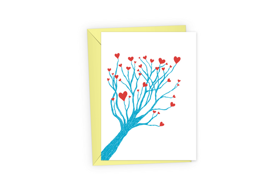 Blue heart tree greeting card