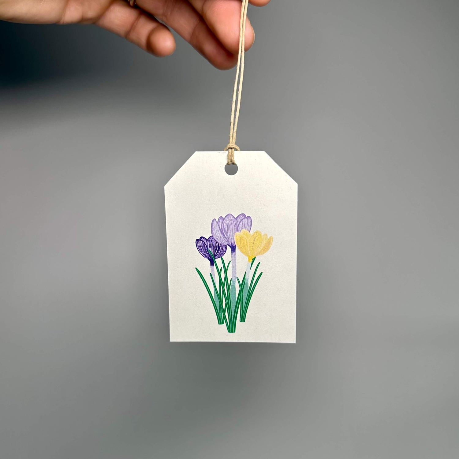 Gift tags with a hemp twine tie and a crocus design