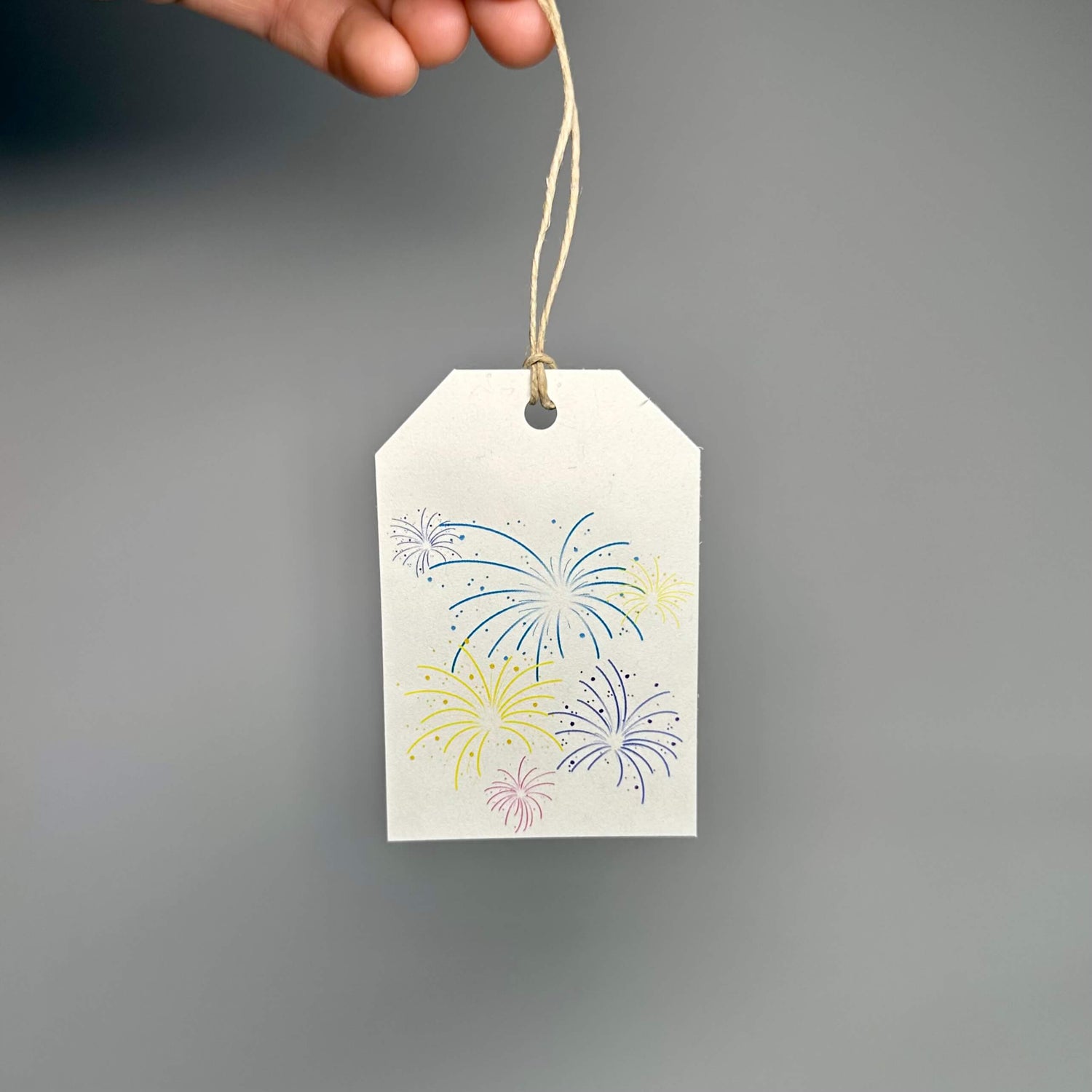 Gift tags with a hemp twine tie and a fireworks design