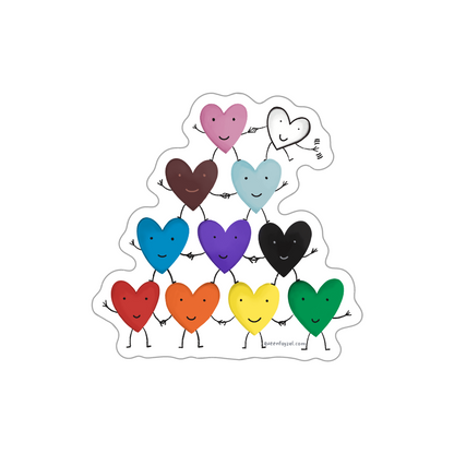 Vinyl pride sticker with a rainbow pyramid of waving hearts