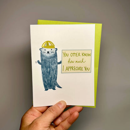 Thank you card with a waving otter wearing a baseball cap and the words, &quot;You otter know how much I appreciate you.&quot;